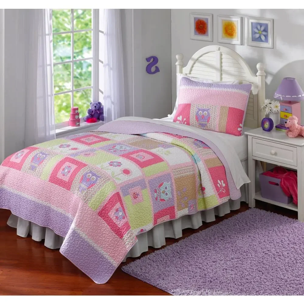 Happy Owls Quilt Set Full Queen Pink Purple Floral Cottage Bedding